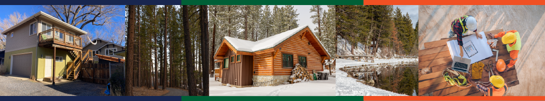 A banner with an over garage adu - trees - snowy adu - snowy lake - 3 people looking at blueprints