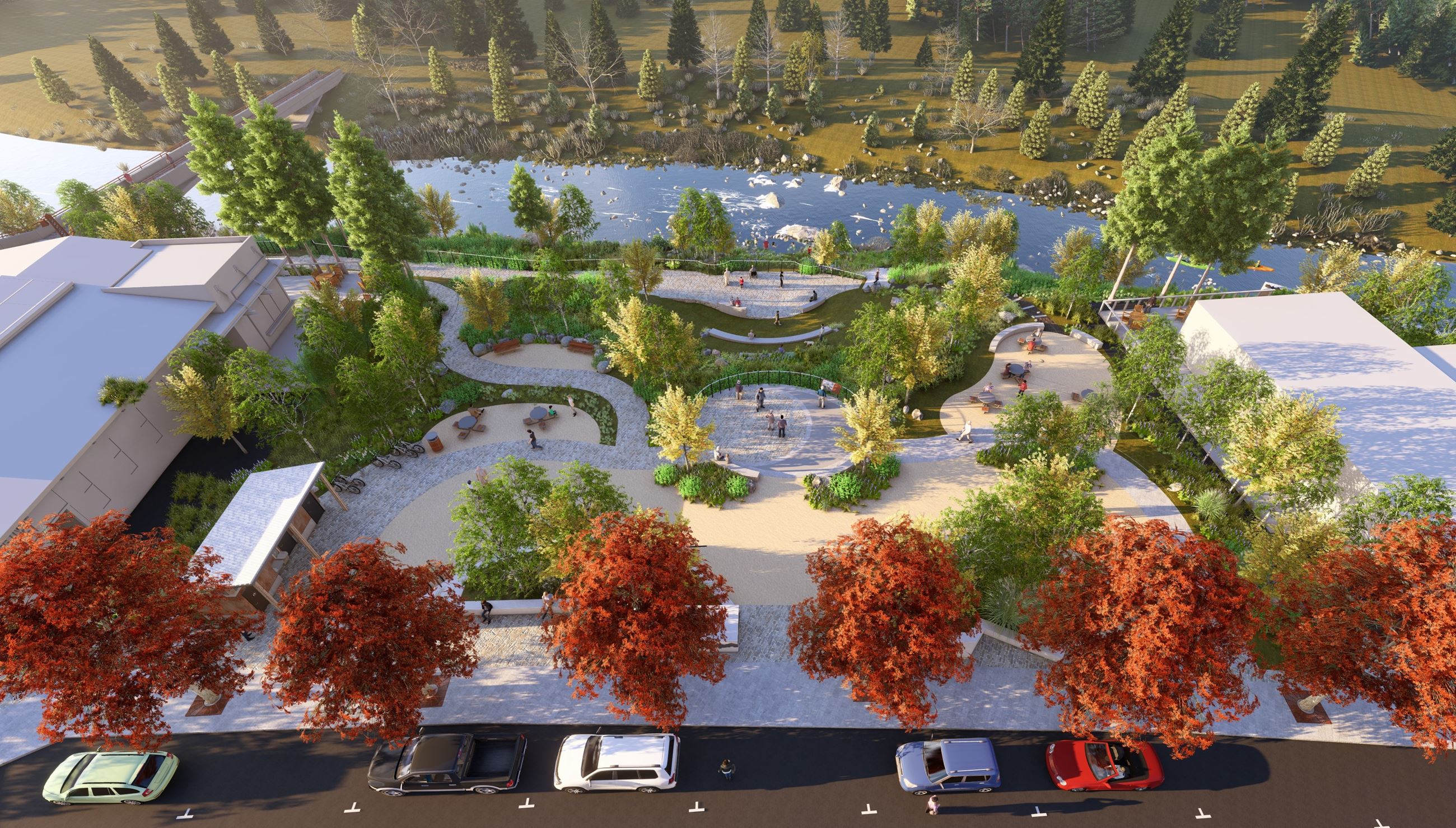 Rendering of the Dewbeyumuwe Park above showing the street view towards the river. 