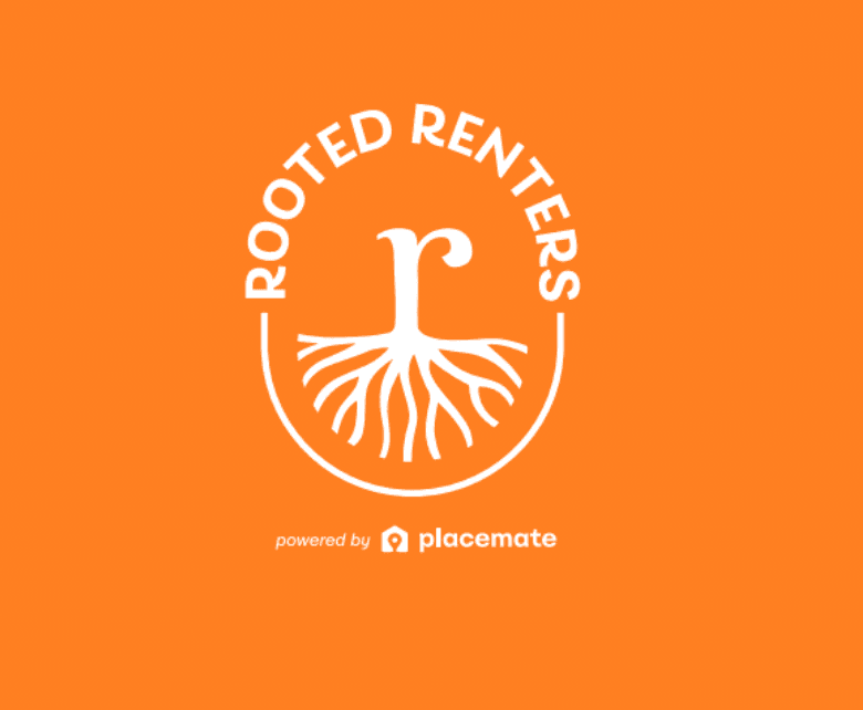Rooted Renters Logo in orange with letter r growing tree roots. 