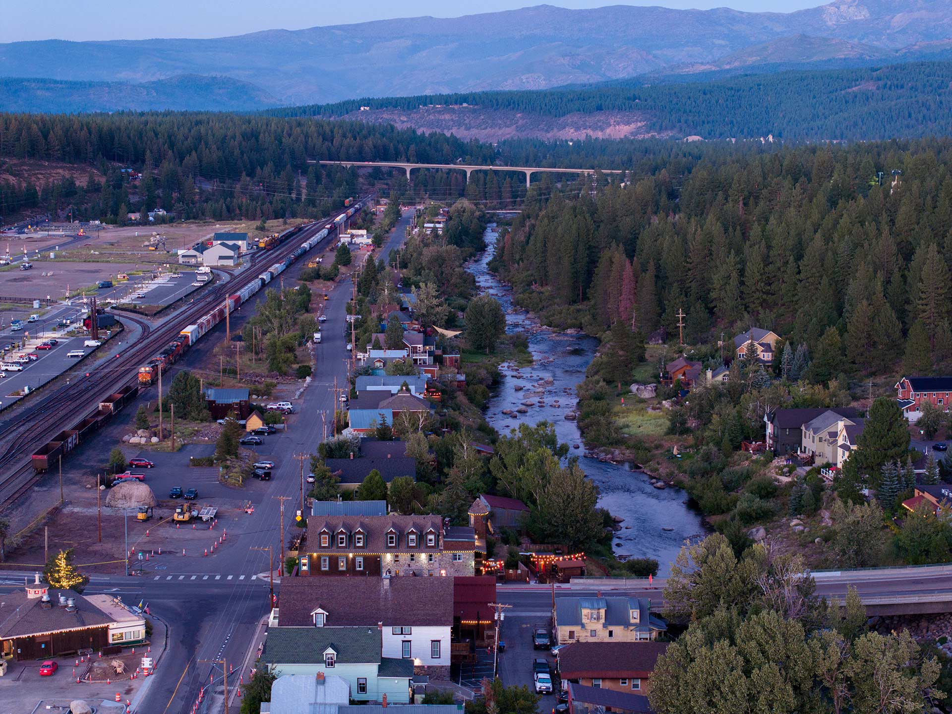 Birds- eye view of Truckee River facing east, parallel to East River Street