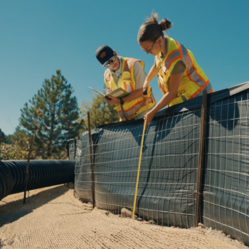Male and female inspectors at a construction site using a measuring tape on fence. 