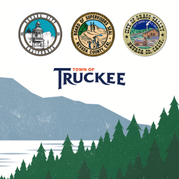 Nevada County, City of Nevada City, City of Grass Valley and Town of Truckee Logos on a lake drawing