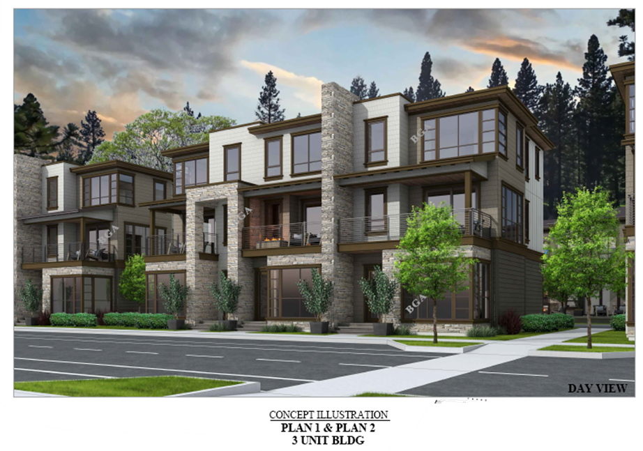 Rendering of a three-story building with different textured exterior and manicured landscaping. 