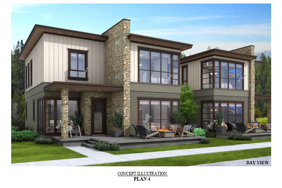 Rendering of a two-story building with large windows and fireplace lit on front deck. 