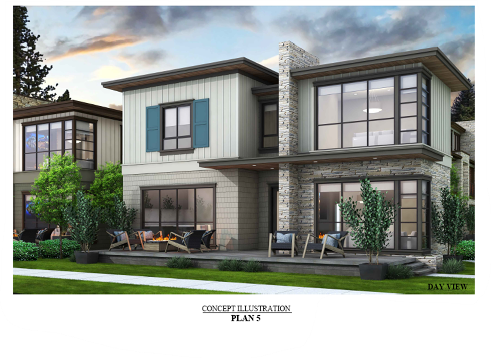 Rendering of a two-story building with large windows and fireplace lit on front deck. 