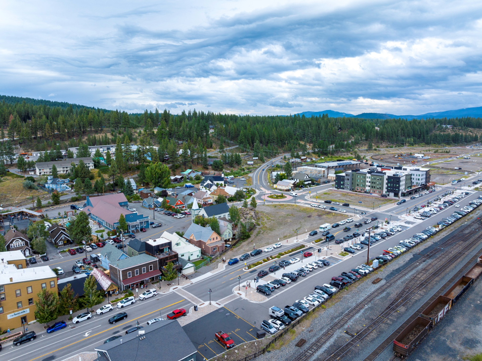 Downtown Truckee aerial view with roundabout and parking lot. 