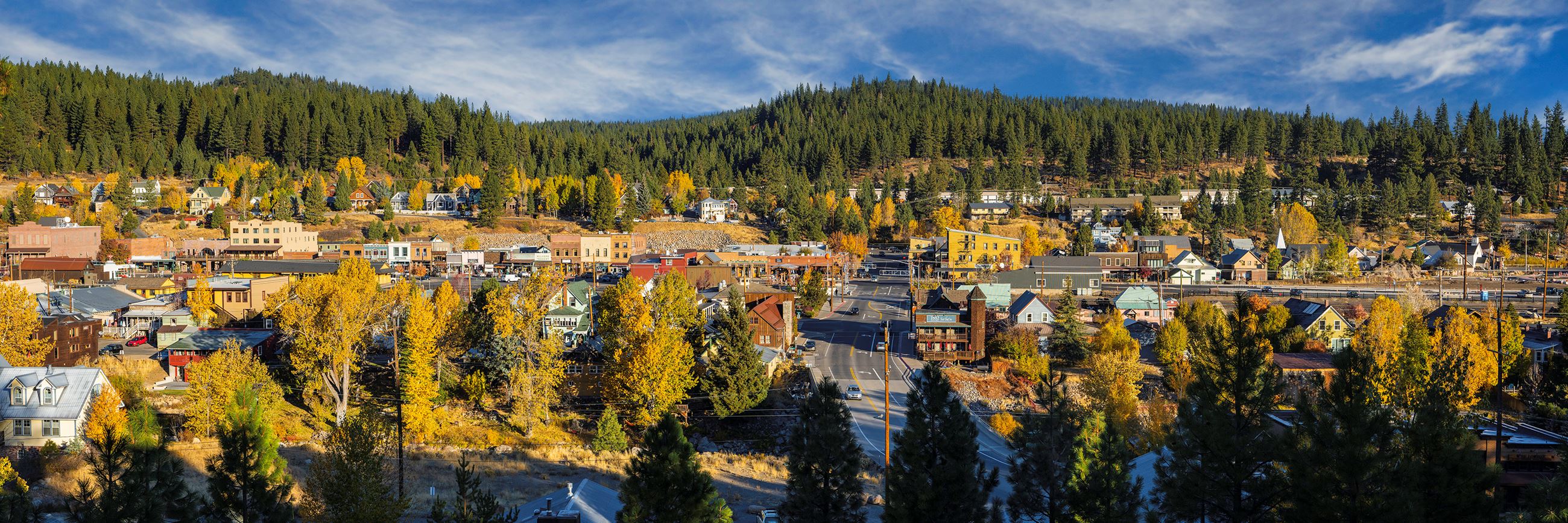 A photo taken of Downtown Truckee with fall colors on the leaves. 
