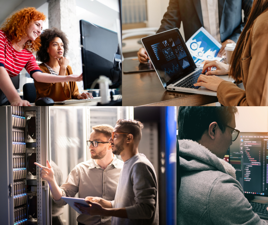 Four photos in a collage of different people working on computer screens and accessing IT equipment.