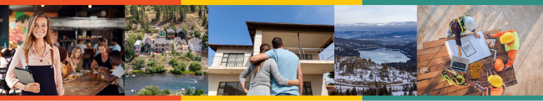 Waitress in restaurant, houses on river, couple by apartment, Donner Lake, Contractors