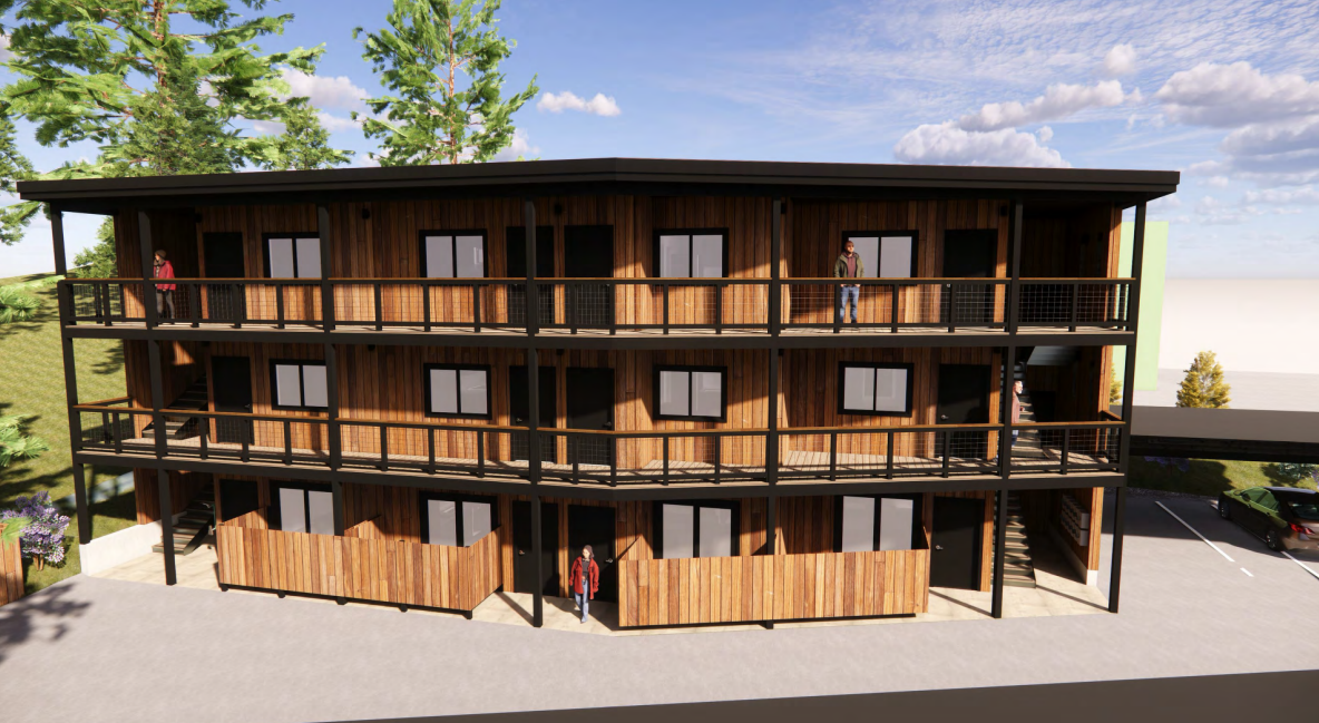 Rendering of Edmunds Loft workforce housing project from front showing balconies and parking spots.